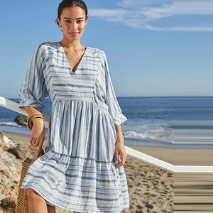Blue Stripe Linen Blend Kaftan Summer Dress