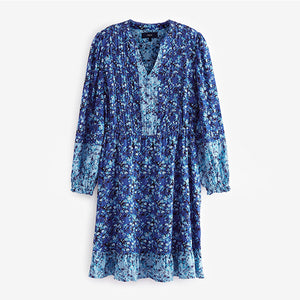 Blue Floral Print Long Sleeve Mini Dress