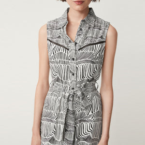 Mono Black/ White Print Linen Blend Sleeveless Summer Shirt Dress