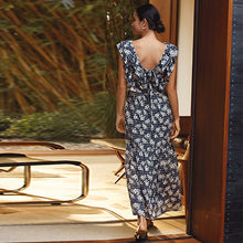 Load image into Gallery viewer, Navy Blue Floral V-Neck Midi Dress
