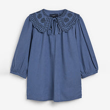 Load image into Gallery viewer, Blue Linen Blend Embroidered Collar Top
