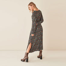 Load image into Gallery viewer, Black Floral Print Ruched Midi Dress

