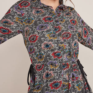 Black Floral Print Tie Waist Midi Shirt Dress