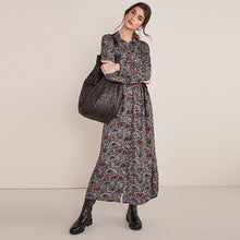 Load image into Gallery viewer, Black Floral Print Tie Waist Midi Shirt Dress
