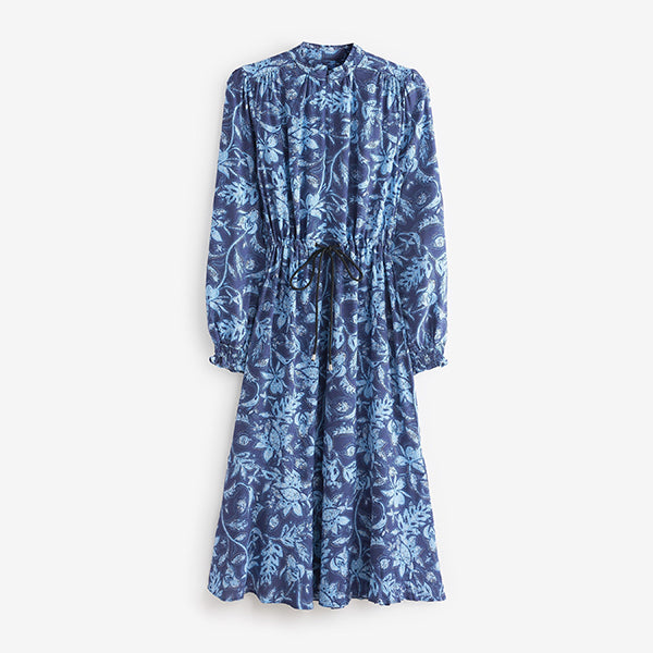 Blue Floral Print Long Sleeve Midi Dress