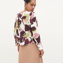 Load image into Gallery viewer, Cream and Red Leaf Print Long Sleeve Deep Cuff Top
