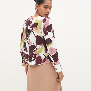 Cream and Red Leaf Print Long Sleeve Deep Cuff Top