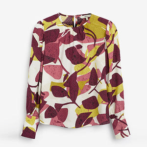 Cream and Red Leaf Print Long Sleeve Deep Cuff Top