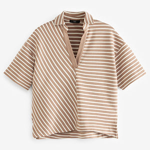Neutral Cream Stripe Short Sleeve Collar Polo Top
