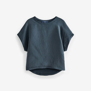 Navy Cupro Short Sleeve Woven Mix Boxy T-Shirt