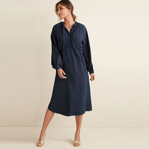 Navy Blue Relaxed Fit Crepe Midi Dress