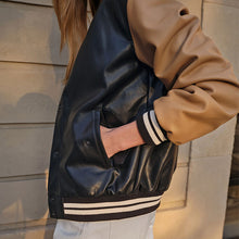 Load image into Gallery viewer, Black/Tan Brown Faux Leather Varsity Bomber Jacket
