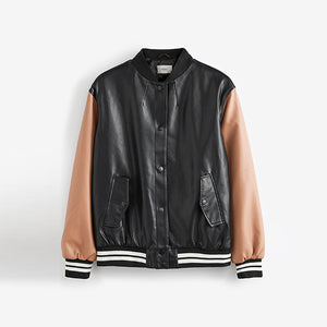 Black/Tan Brown Faux Leather Varsity Bomber Jacket