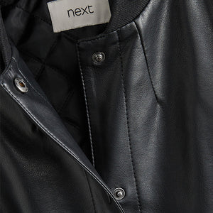 Black/Tan Brown Faux Leather Varsity Bomber Jacket