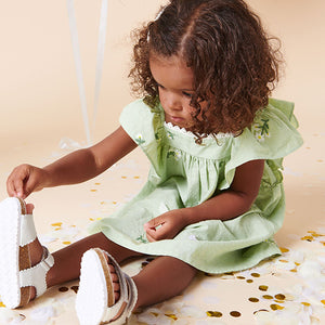 Soft Green Floral Embroidered Frill Sleeve Dress (3mths-6yrs)