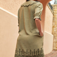 Load image into Gallery viewer, Khaki Green Linen Blend Embroidered Collar Mini Summer Dress
