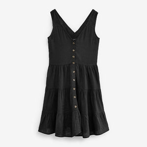 Black Linen Mix Button Through Dress
