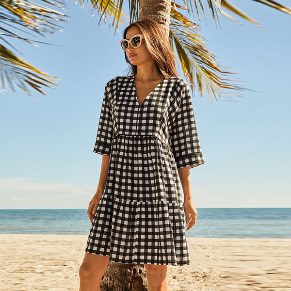chinese dress ladies Black Gingham Linen Blend Kaftan Summer Dress