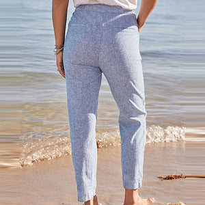 Blue Chambray Linen Blend Taper Trousers