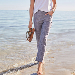 Blue Chambray Linen Blend Taper Trousers