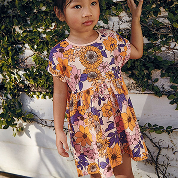 Orange Retro Floral Short Sleeve Jersey Dress (3mths-6yrs)