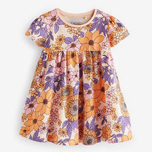 Load image into Gallery viewer, Orange Retro Floral Short Sleeve Jersey Dress (3mths-6yrs)
