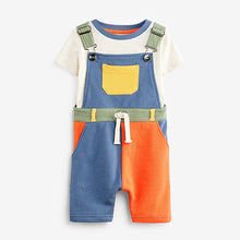 Load image into Gallery viewer, Colourblock Short Dungarees And T-Shirt Set (3mths-5yrs)
