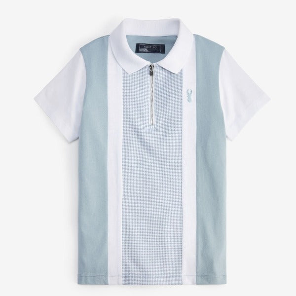 Light Blue Colorblock Short Sleeve Zip Neck Polo Shirt (3-12yrs)