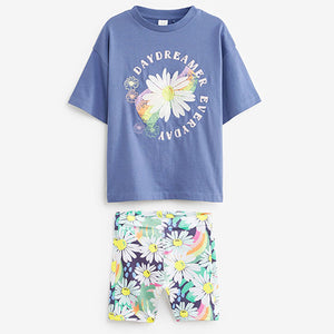 Blue Daisy T-Shirt And Cycle Short Set (3-12yrs)
