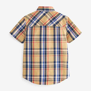 Tan Brown/ Navy Blue Spliced Short Sleeve Check Shirt (3-12yrs)