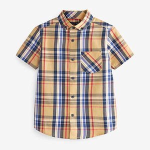 Tan Brown/ Navy Blue Spliced Short Sleeve Check Shirt (3-12yrs)