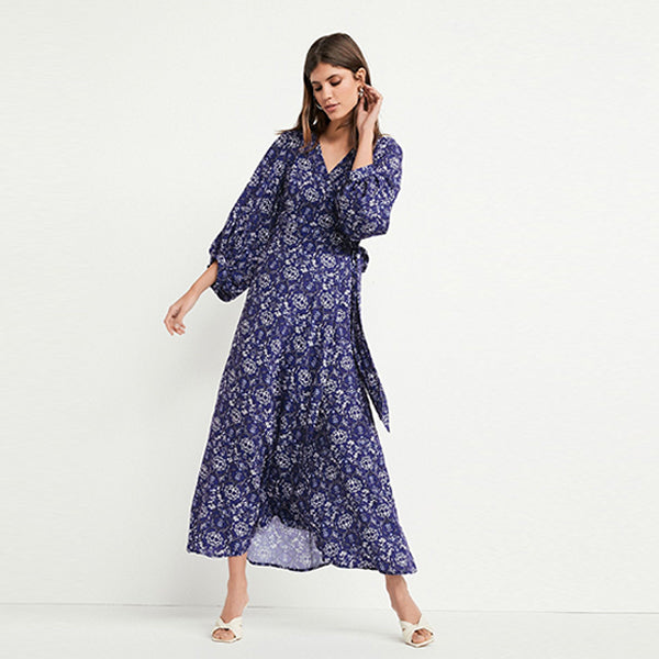 Blue Print Wrap Maxi Summer Dress