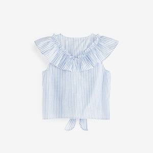 Blue Stripe Tie Front Frill Blouse (3-12yrs)