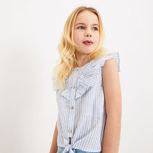 Load image into Gallery viewer, Blue Stripe Tie Front Frill Blouse (3-12yrs)
