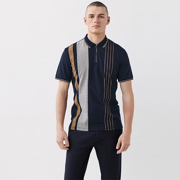 Navy Blue/Tan Brown Dogtooth Stripe Print Polo Shirt