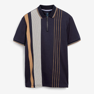 Navy Blue/Tan Brown Dogtooth Stripe Print Polo Shirt