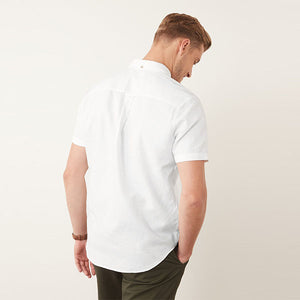 White Cotton Linen Blend Short Sleeve Shirt