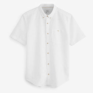 White Cotton Linen Blend Short Sleeve Shirt