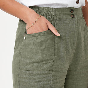 Khaki Green Linen Blend Shorts