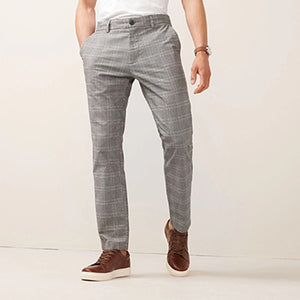Grey Check Slim Fit Cotton Chino Trousers