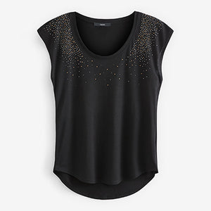 Black Embellished Short Sleeve Scoop Neck T-Shirt