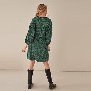 Green Print Lace Insert Dress