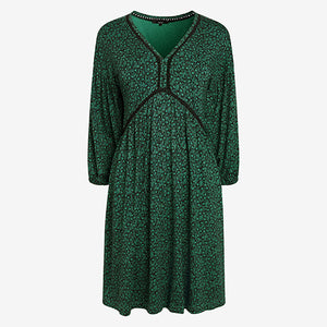 Green Print Lace Insert Dress