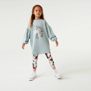 Mint Green Oversized Sequin Unicorn Top And Floral Leggings Set (3-12yrs)
