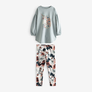 Mint Green Oversized Sequin Unicorn Top And Floral Leggings Set (3-12yrs)