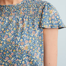 Load image into Gallery viewer, Blue Ditsy Floral Smock Neck Short Sleeve Top
