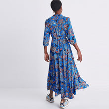 Load image into Gallery viewer, Blue Floral Volume Sleeve Belted Shirt Dress
