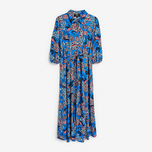 Blue Floral Volume Sleeve Belted Shirt Dress