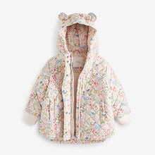 Load image into Gallery viewer, Cream/Pink Floral Shower Resistant Quilted Padded Coat (3mths-6yrs)
