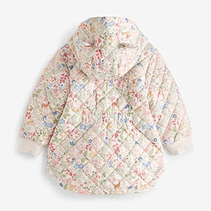 Cream/Pink Floral Shower Resistant Quilted Padded Coat (3mths-6yrs)
